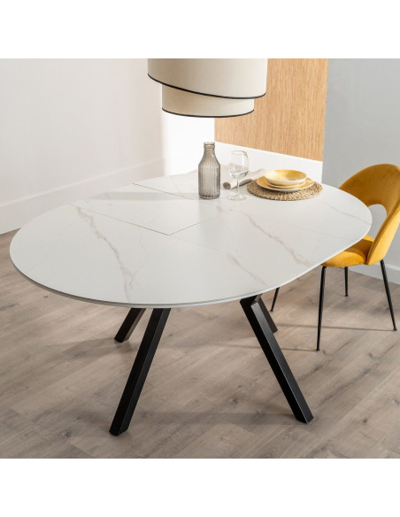 Table à manger extensible moderne chic Ovale 6 personnes en Céramique Blanc Effet marbre Métal Noir Nayat - 12