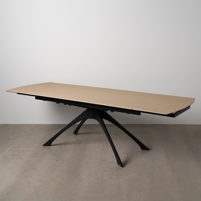 Grande Table à manger extensible moderne Rectangulaire 12 personnes en Céramique Naturel Effet bois Métal Noir Verre Iriya - 1