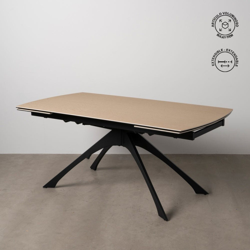 Grande Table à manger extensible moderne Rectangulaire 12 personnes en Céramique Naturel Effet bois Métal Noir Verre Iriya - 2