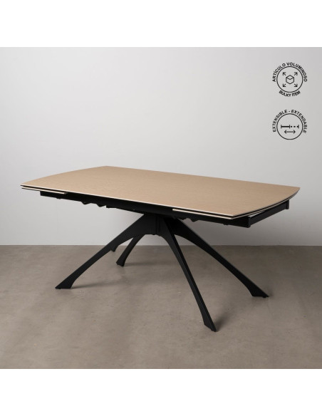 Grande Table à manger extensible moderne Rectangulaire 12 personnes en Céramique Naturel Effet bois Métal Noir Verre Iriya - 2
