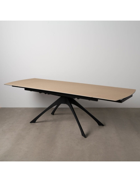 Grande Table à manger extensible moderne Rectangulaire 12 personnes en Céramique Naturel Effet bois Métal Noir Verre Iriya - 3