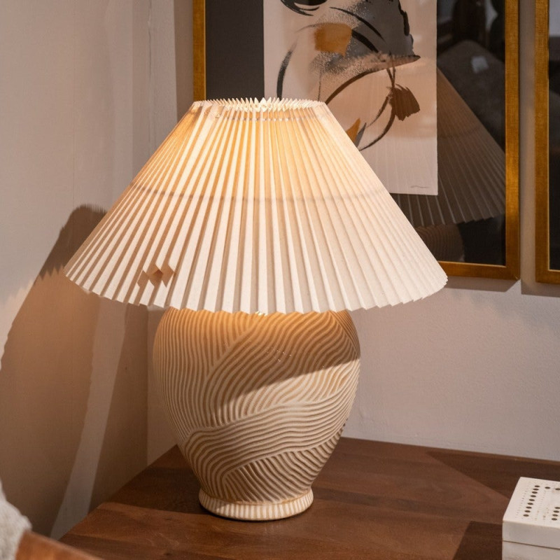 Grande Lampe à poser style néo vintage années 70 Hauteur 58 cm en Céramique Tissu PVC Beige Yadiel - 2