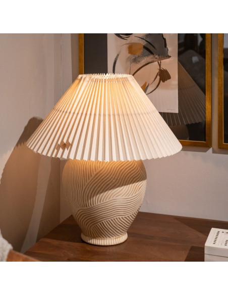 Grande Lampe à poser style néo vintage années 70 Hauteur 58 cm en Céramique Tissu PVC Beige Yadiel - 2