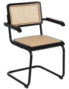 Fauteuil de table Style vintage Bauhaus Rotin Naturel Cannage Métal Noir Bois d'hévéa Orvian (Lot de 2) - 1