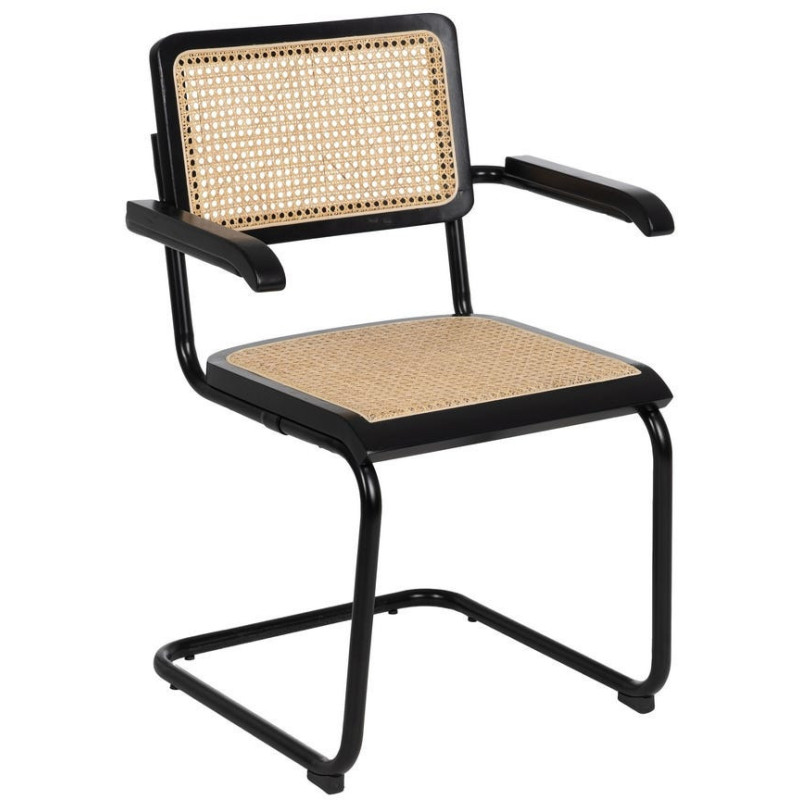 Fauteuil de table Style vintage Bauhaus Rotin Naturel Cannage Métal Noir Bois d'hévéa Orvian (Lot de 2) - 1