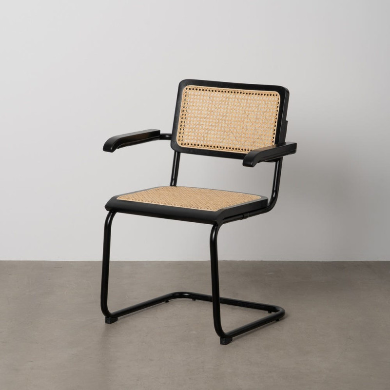 Fauteuil de table Style vintage Bauhaus Rotin Naturel Cannage Métal Noir Bois d'hévéa Orvian (Lot de 2) - 11