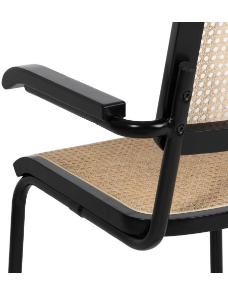 Fauteuil de table Style vintage Bauhaus Rotin Naturel Cannage Métal Noir Bois d'hévéa Orvian (Lot de 2) - 8