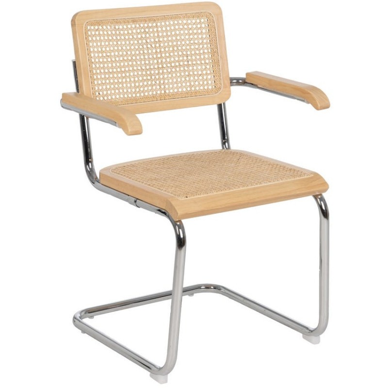 Fauteuil de table Style vintage Bauhaus Rotin Naturel Cannage Métal Argenté Bois d'hévéa Orvian (Lot de 2) - 1