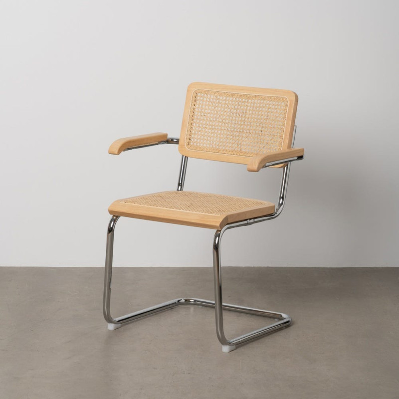 Fauteuil de table Style vintage Bauhaus Rotin Naturel Cannage Métal Argenté Bois d'hévéa Orvian (Lot de 2) - 11