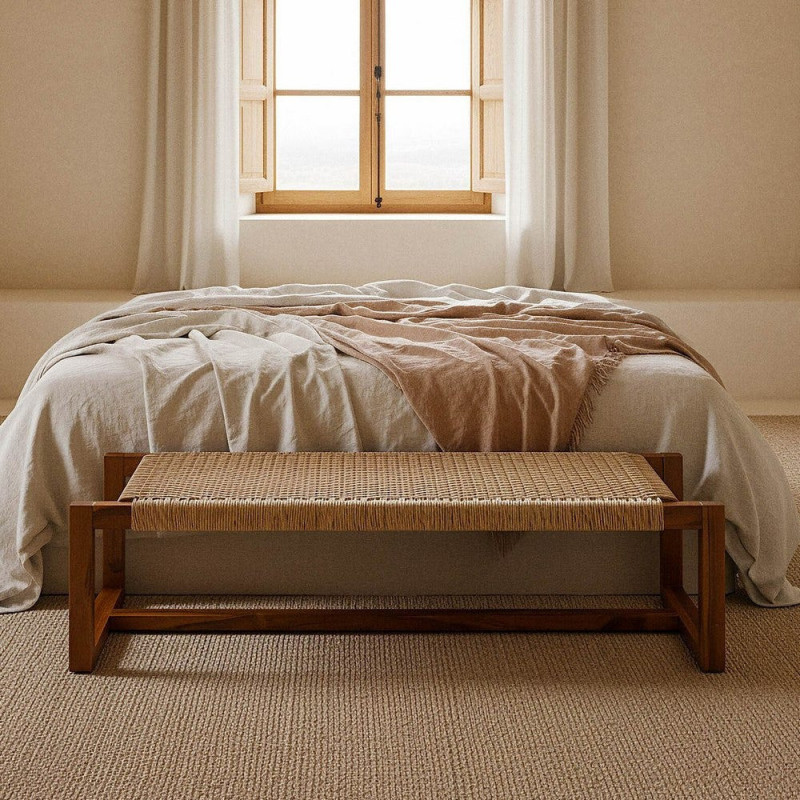 Banc en teck naturel et rotin synthétique 138x49x36 cm Calrio Ixia - 2