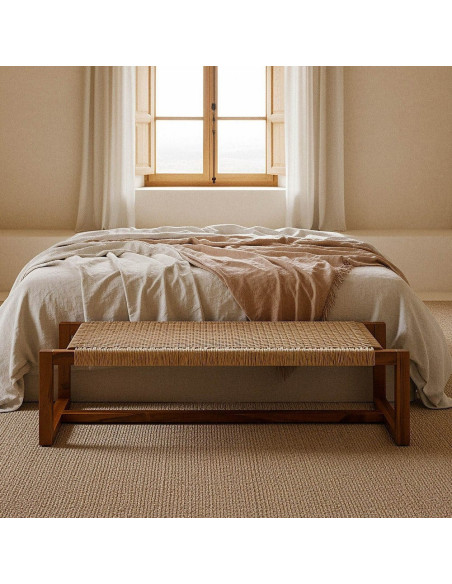 Banc en teck naturel et rotin synthétique 138x49x36 cm Calrio Ixia - 2