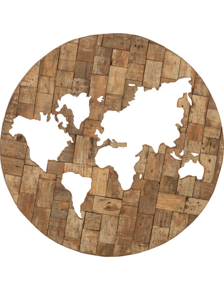 Déco Murale XXL Ronde Mappemonde Elara en Bois recyclé Marron 100 cm - 1