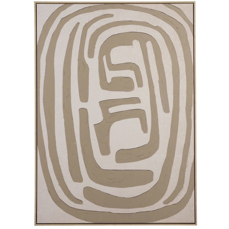 Grande Toile murale abstraite 100x140 avec cadre en PS Naturel effet bois Tissu Beige Blanc Texturé Motif géométrique Armina - 1