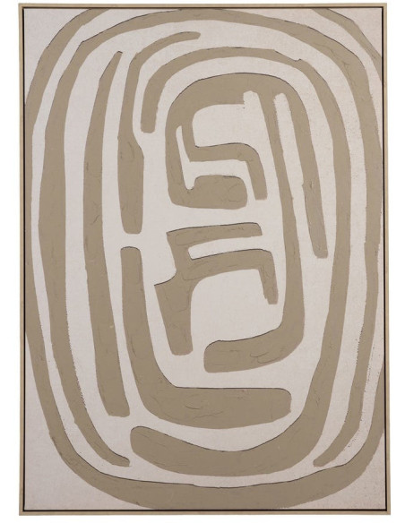 Grande Toile murale abstraite 100x140 avec cadre en PS Naturel effet bois Tissu Beige Blanc Texturé Motif géométrique Armina - 1