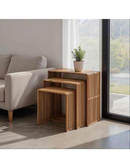 Table d'appoint gigogne moderne scandinave Rectangulaire Bois de teck recyclé Naturel Bellamonte (Lot de 3) - 2