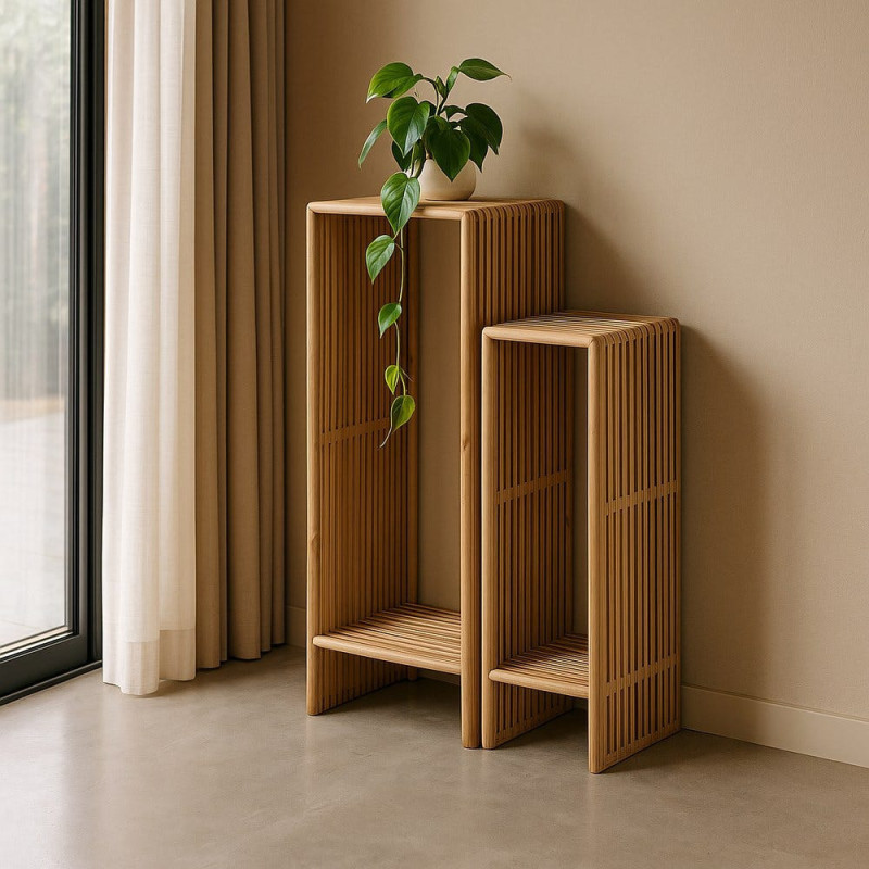 Sellette haute moderne scandinave Rectangulaire 1 étagère Bois de teck recyclé Naturel Bellamonte (Lot de 2) - 2