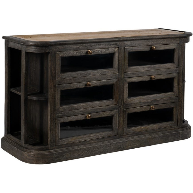 Grand Buffet de cuisine Bas 6 tiroirs 4 étagères en Bois de manguier Gris Marbre Beige Gata - 1