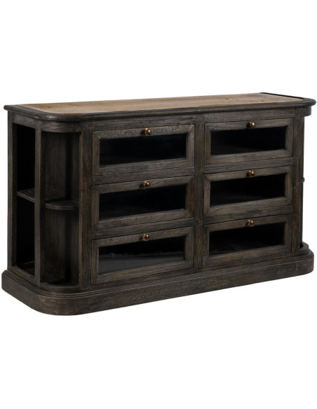 Grand Buffet de cuisine Bas 6 tiroirs 4 étagères en Bois de manguier Gris Marbre Beige Gata - 1