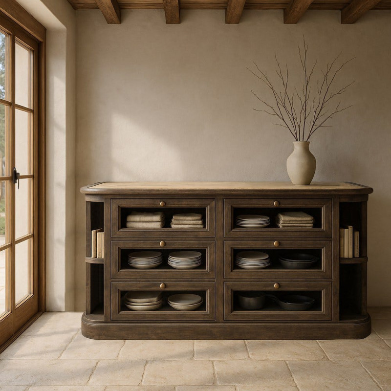 Grand Buffet de cuisine Bas 6 tiroirs 4 étagères en Bois de manguier Gris Marbre Beige Gata - 2