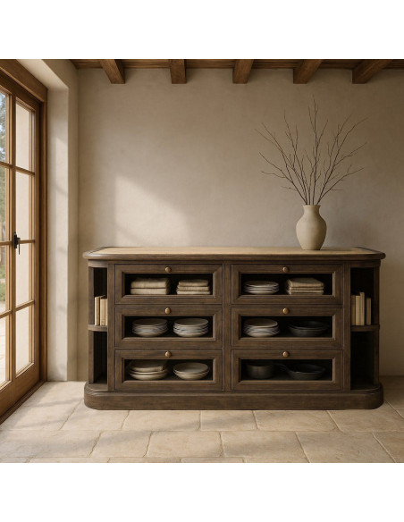 Grand Buffet de cuisine Bas 6 tiroirs 4 étagères en Bois de manguier Gris Marbre Beige Gata - 2