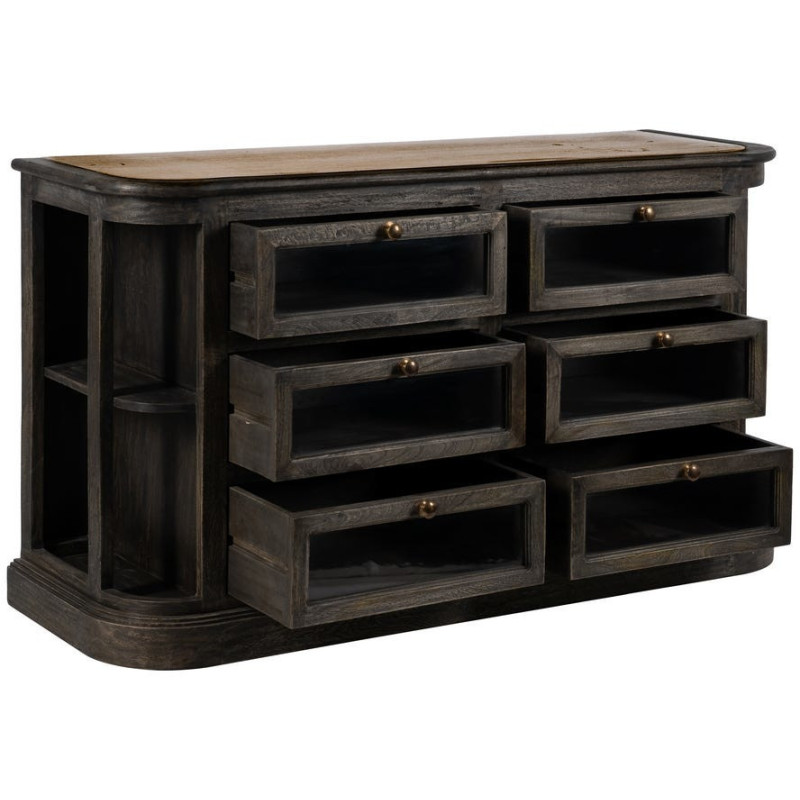 Grand Buffet de cuisine Bas 6 tiroirs 4 étagères en Bois de manguier Gris Marbre Beige Gata - 3