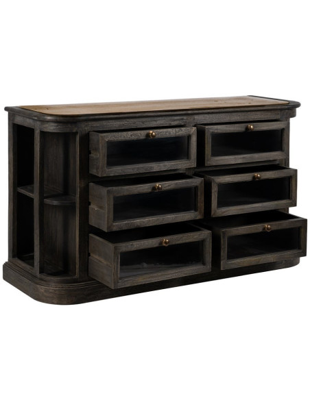 Grand Buffet de cuisine Bas 6 tiroirs 4 étagères en Bois de manguier Gris Marbre Beige Gata - 3