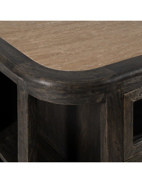 Grand Buffet de cuisine Bas 6 tiroirs 4 étagères en Bois de manguier Gris Marbre Beige Gata - 4