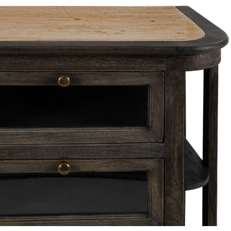 Grand Buffet de cuisine Bas 6 tiroirs 4 étagères en Bois de manguier Gris Marbre Beige Gata - 5