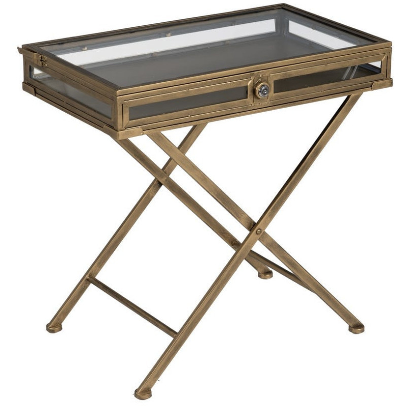 Table d'appoint Vitrine moderne chic Rectangulaire 1 tiroir en Métal Doré Verre Transparent Rian - 1