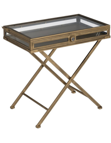 Table d'appoint Vitrine moderne chic Rectangulaire 1 tiroir en Métal Doré Verre Transparent Rian - 1