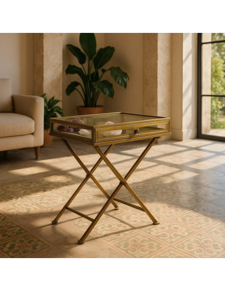 Table d'appoint Vitrine moderne chic Rectangulaire 1 tiroir en Métal Doré Verre Transparent Rian - 2