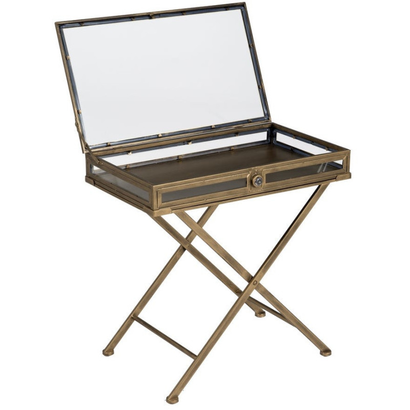 Table d'appoint Vitrine moderne chic Rectangulaire 1 tiroir en Métal Doré Verre Transparent Rian - 4