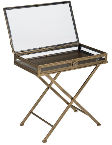 Table d'appoint Vitrine moderne chic Rectangulaire 1 tiroir en Métal Doré Verre Transparent Rian - 4