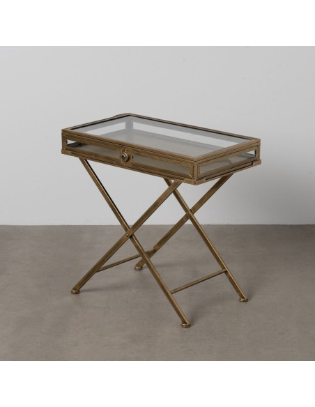 Table d'appoint Vitrine moderne chic Rectangulaire 1 tiroir en Métal Doré Verre Transparent Rian - 10