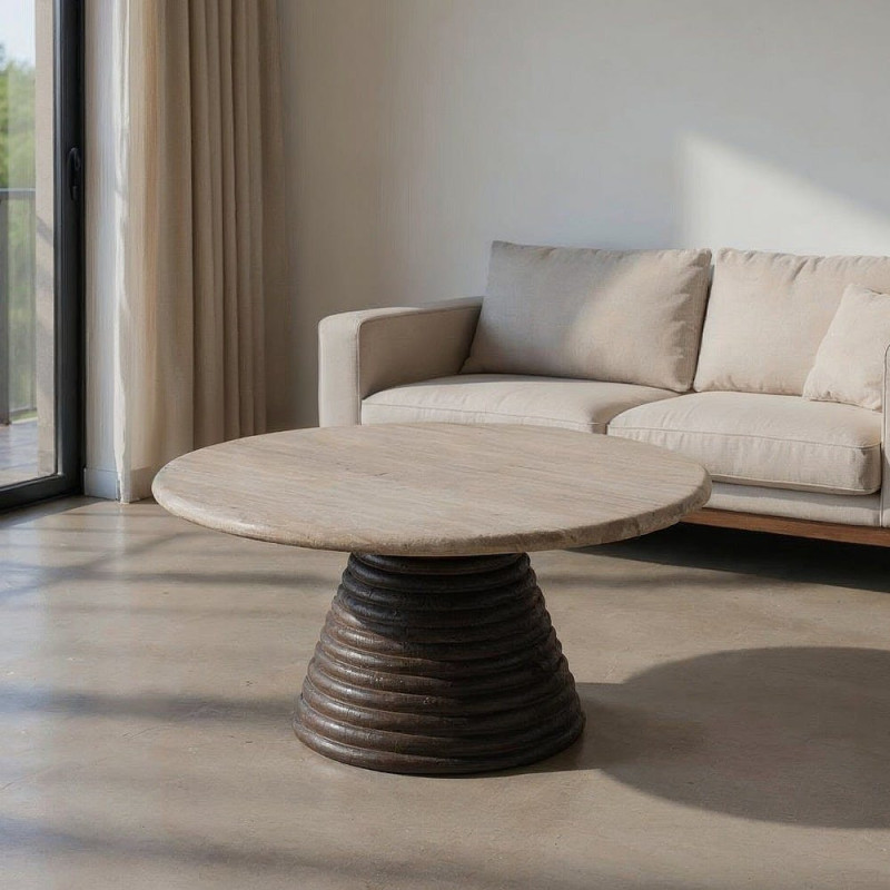 Grande Table basse moderne chic Ronde en Marbre Blanc Bois de manguier Marron Cieza - 1