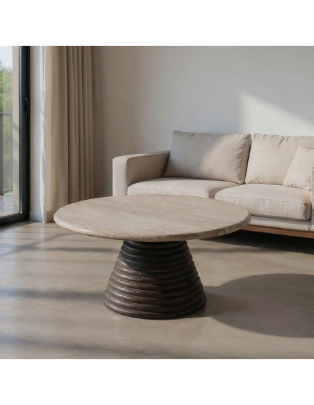 Grande Table basse moderne chic Ronde en Marbre Blanc Bois de manguier Marron Cieza - 1