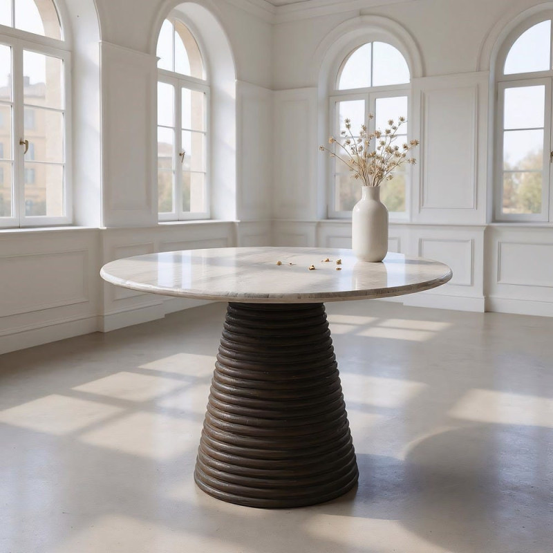 Table à manger moderne chic Ronde 6 personnes en Marbre Blanc Bois de manguier Marron Cieza - 2