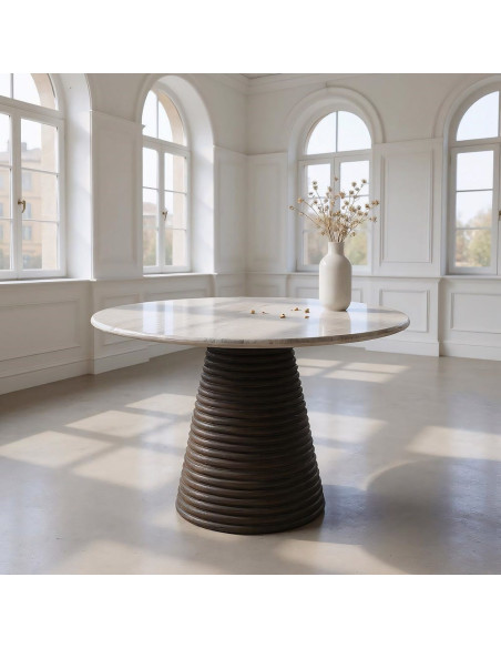 Table à manger moderne chic Ronde 6 personnes en Marbre Blanc Bois de manguier Marron Cieza - 2