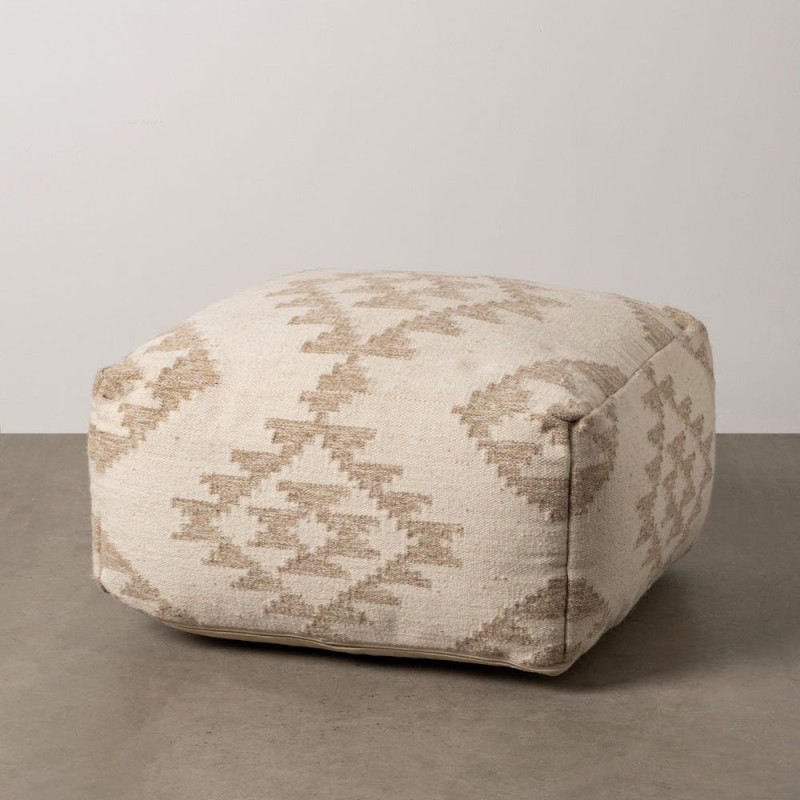 Grand Pouf ethnique chic Carré en Laine Coton Blanc Naturel Adra - 8