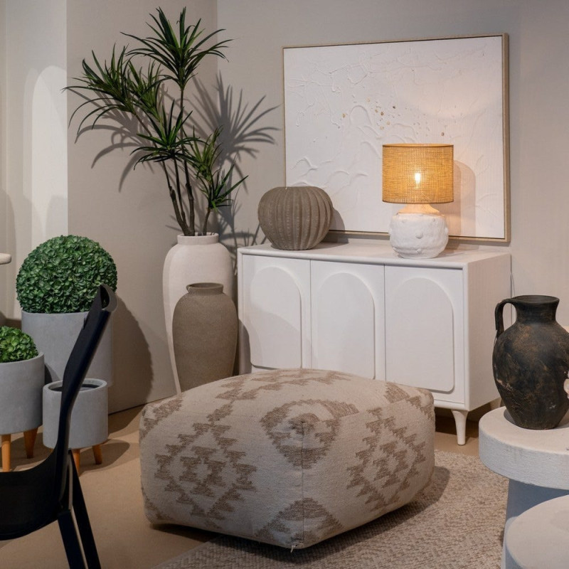 Grand Pouf ethnique chic Carré en Laine Coton Blanc Naturel Adra - 2