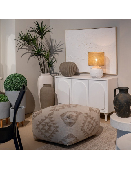 Grand Pouf ethnique chic Carré en Laine Coton Blanc Naturel Adra - 2