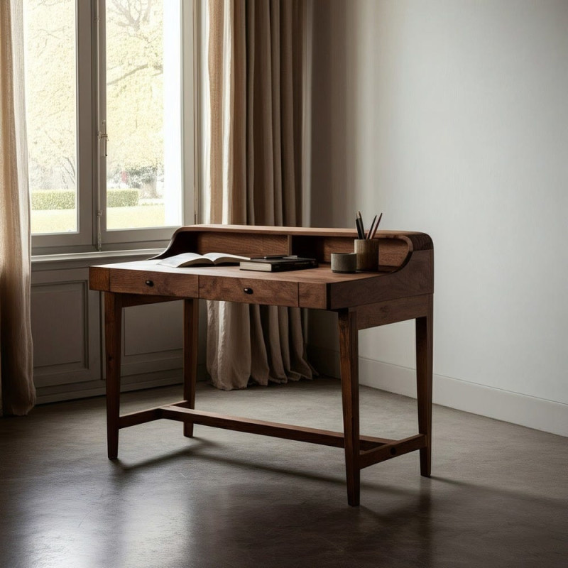 Bureau moderne chic 2 tiroirs 2 niches 1 étagère en Bois de manguier Naturel Botoa - 2