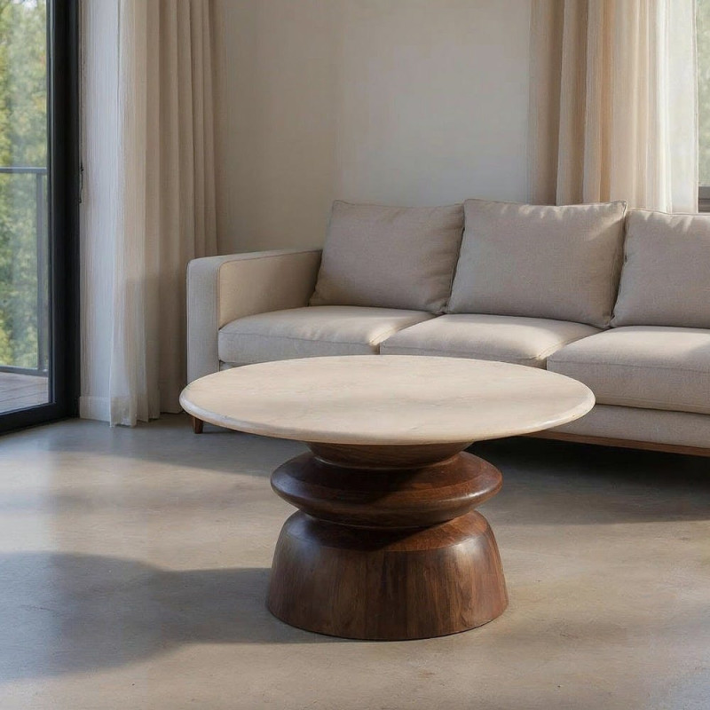 Table basse moderne chic Ronde en Marbre Blanc Bois de manguier Marron Loja - 1