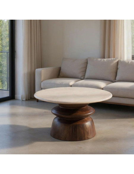 Table basse moderne chic Ronde en Marbre Blanc Bois de manguier Marron Loja - 1