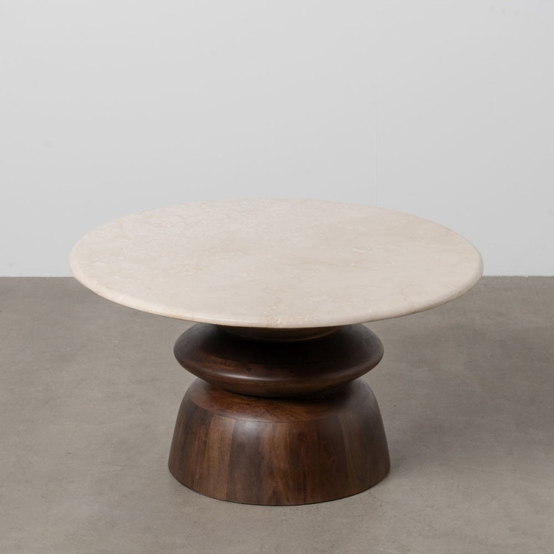 Table basse moderne chic Ronde en Marbre Blanc Bois de manguier Marron Loja - 2