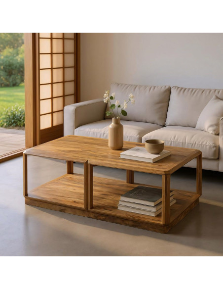 Grande Table basse moderne Rectangulaire 1 étagère en Bois de manguier Marron clair Valga - 2
