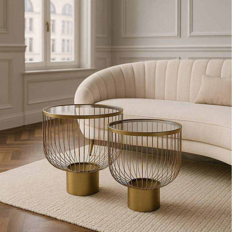 Table basse moderne chic Ronde en Métal Doré Verre Transparent Lueza (Lot de 2) - 2