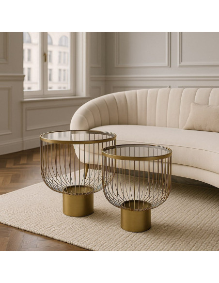 Table basse moderne chic Ronde en Métal Doré Verre Transparent Lueza (Lot de 2) - 2