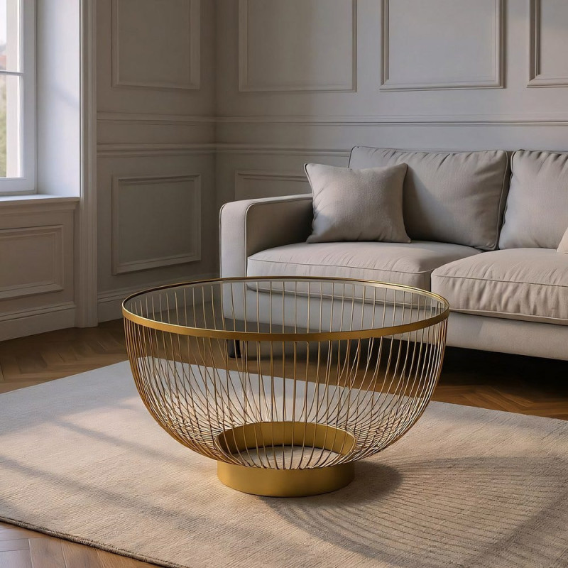 Grande Table basse moderne chic Ronde 75 cm en Métal Doré Verre Transparent Lueza - 2