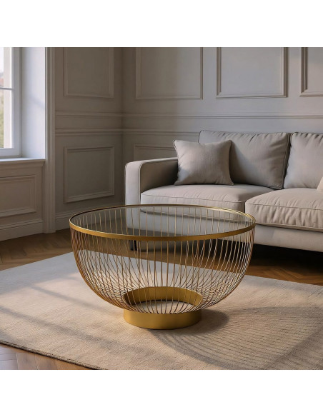 Grande Table basse moderne chic Ronde 75 cm en Métal Doré Verre Transparent Lueza - 2
